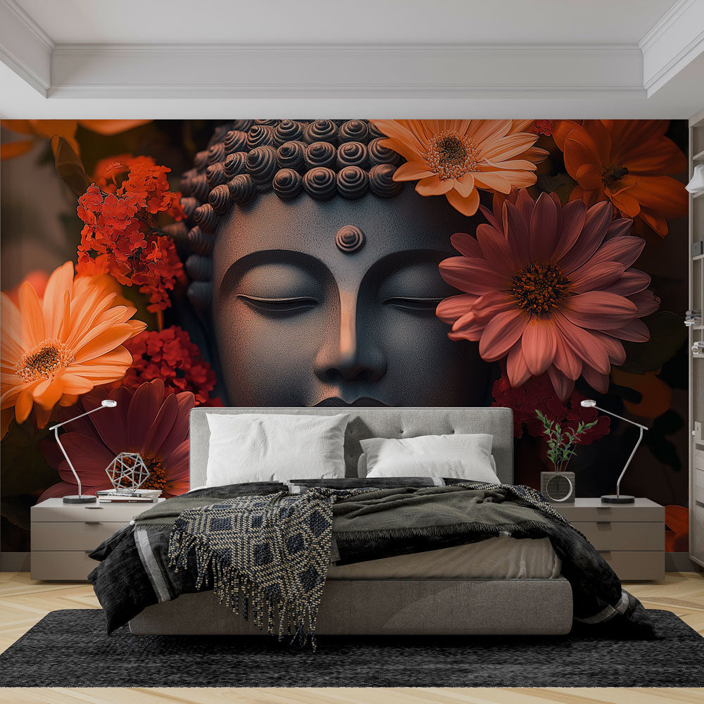 Buddha wallpaper mural creating a peaceful atmosphere in a modern meditation room with natural light