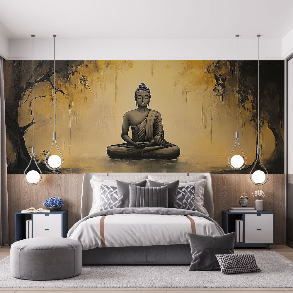 Buddha wall mural creating a peaceful meditation space in a modern minimalist living room with natural light