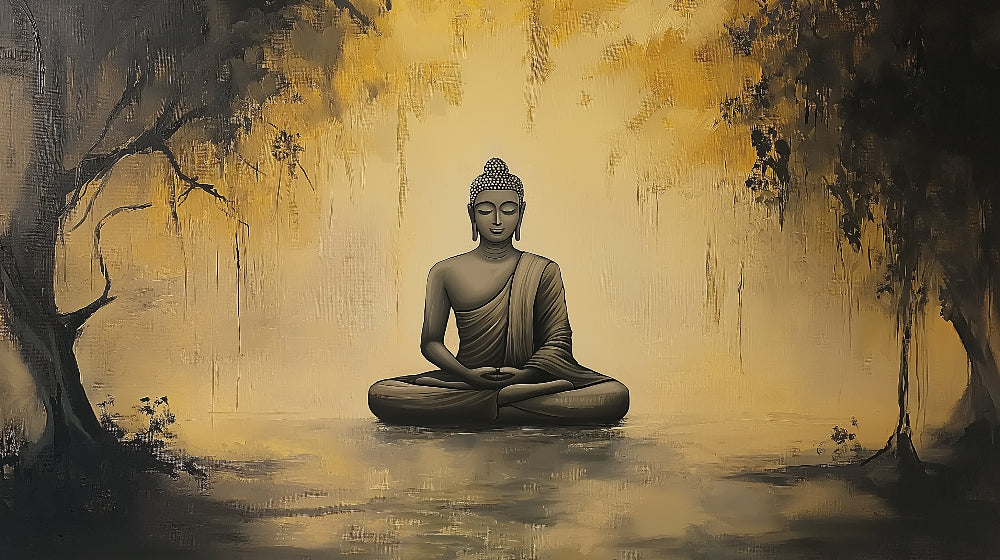 Buddha wallpaper design file showing golden meditation scene with detailed zen garden elements