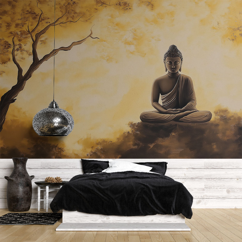 Buddha wall mural creating a peaceful meditation space in a modern living room with natural light