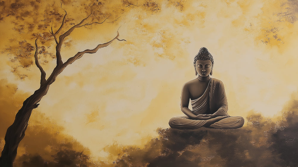 Buddha meditation wallpaper design file showing golden hues and serene composition