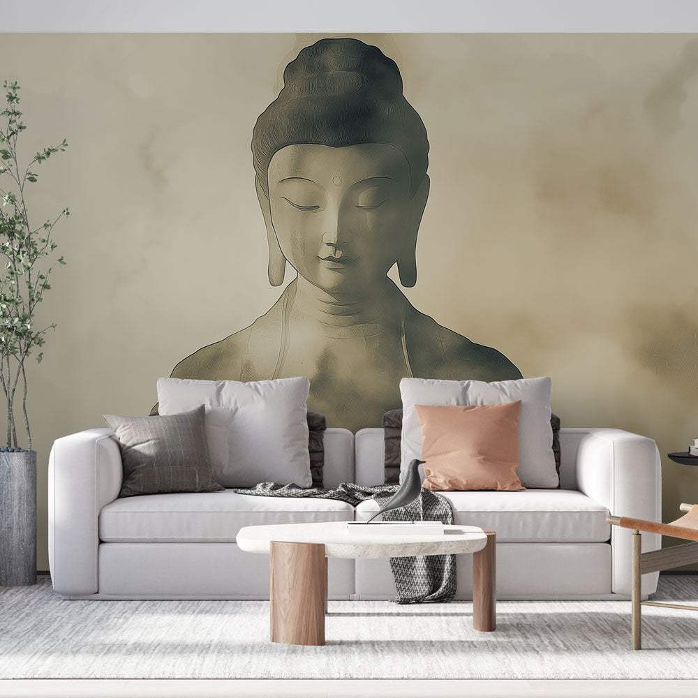 Buddha wall mural creating a peaceful atmosphere in a modern living room with minimalist furniture and natural light