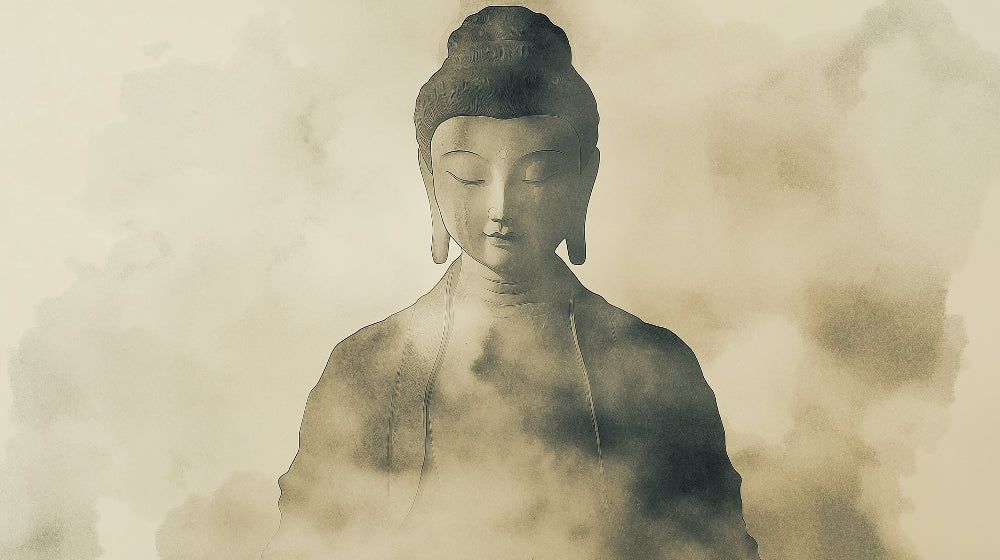 Buddha wallpaper design file showing detailed misty silhouette pattern with gentle gradient effects