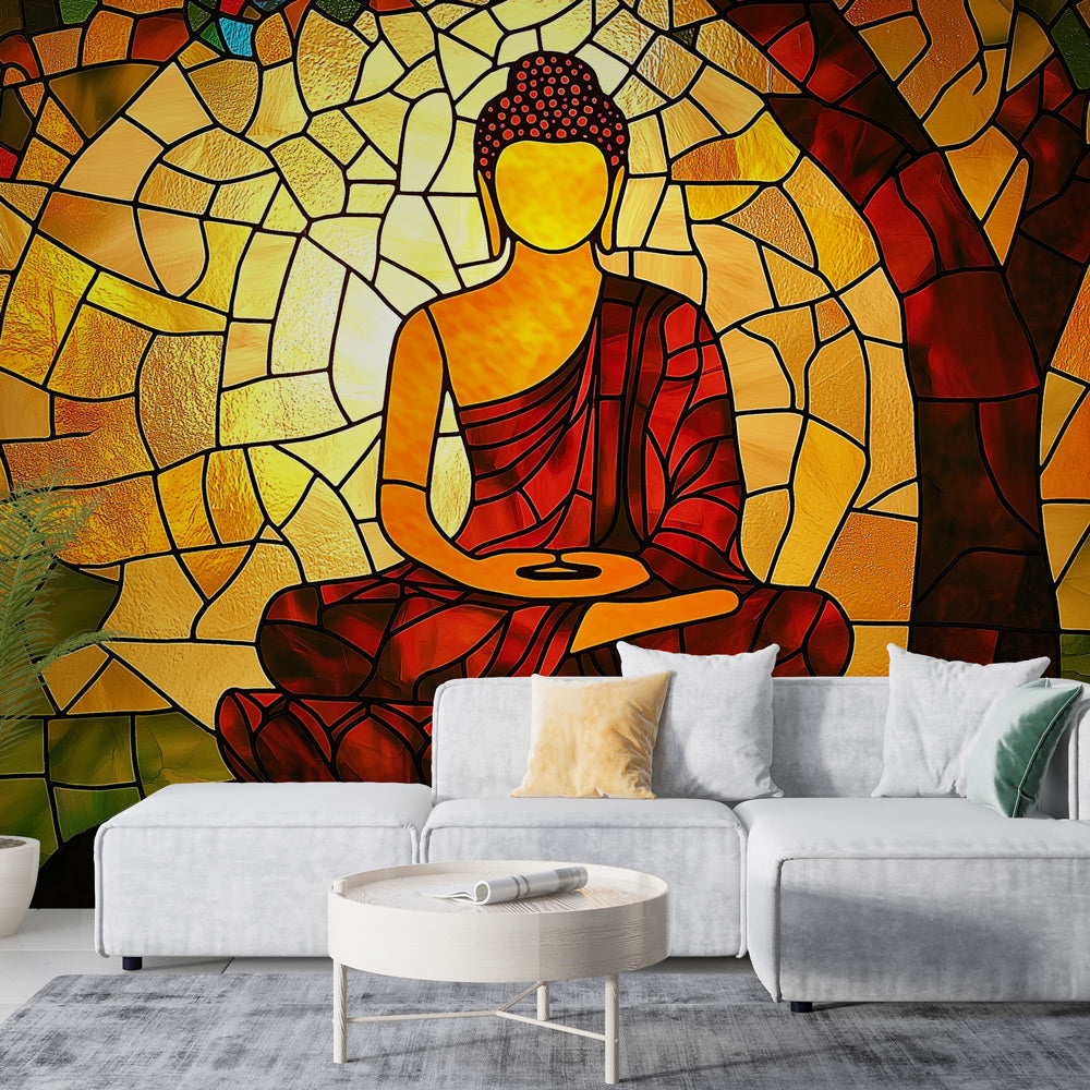 Buddhist wall mural creating a peaceful meditation corner in a modern living room with natural light highlighting the stained glass effect