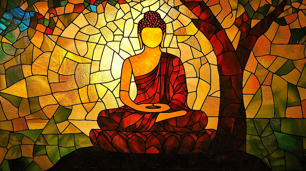 Buddhist stained glass meditation design file showing intricate golden patterns and detailed artwork