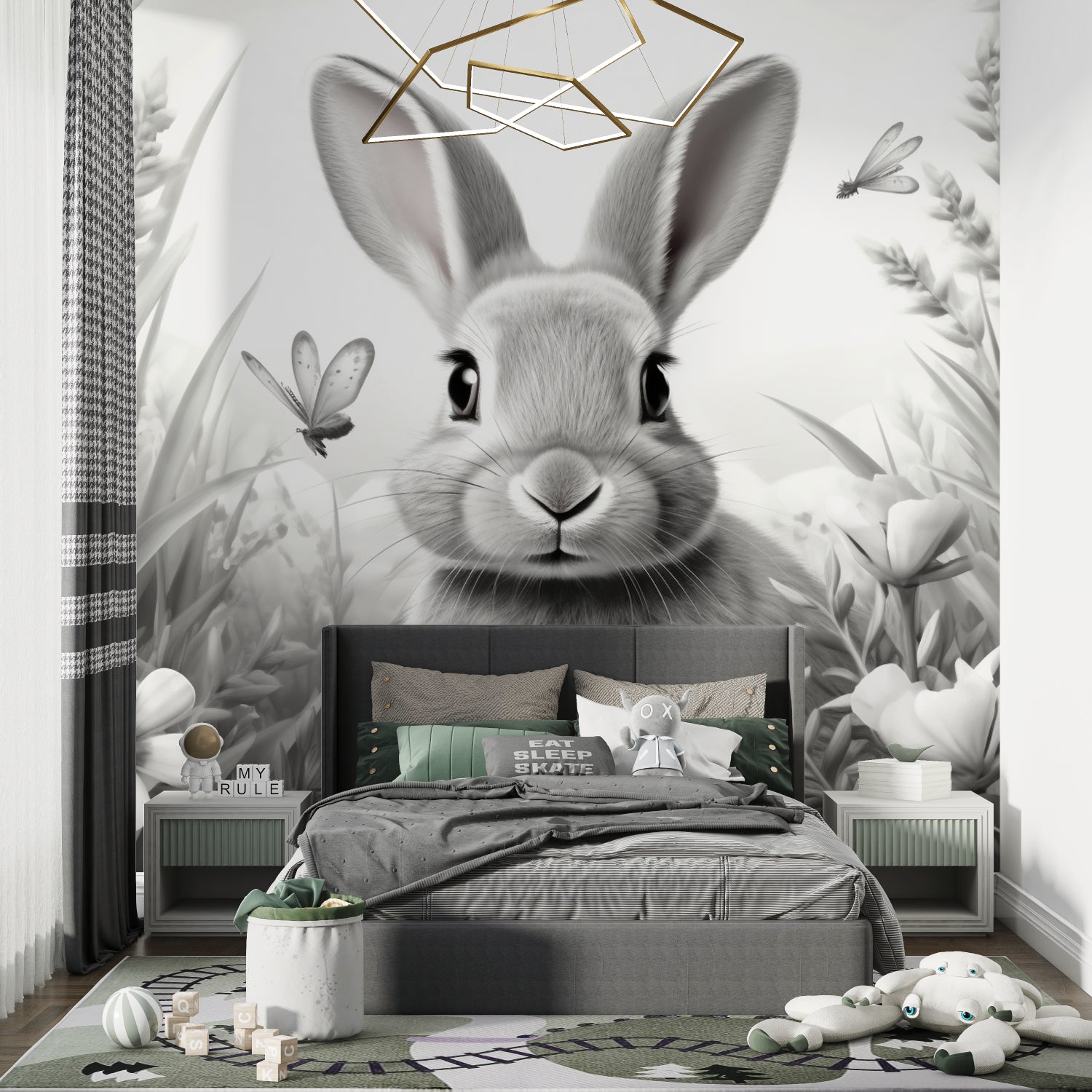 Black and white bunny wallpaper in modern nursery with white furniture
