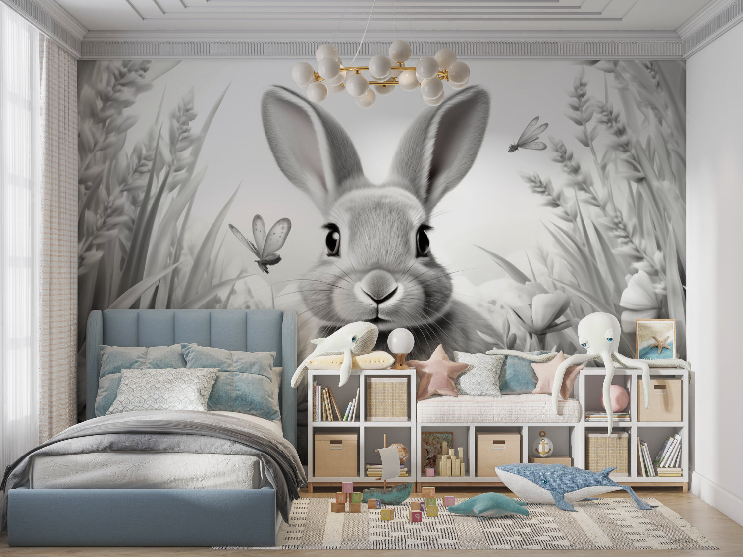 Black and white bunny wall mural in minimalist playroom setting