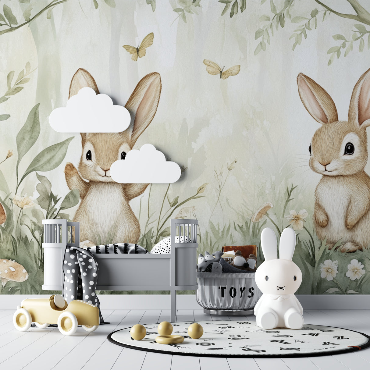 Bunny forest wallpaper in a cozy nursery with soft lighting and natural wood furniture