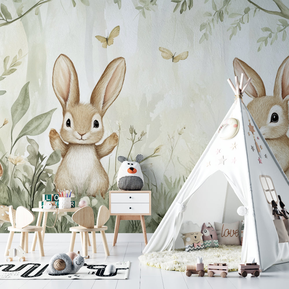 Enchanted bunny wallpaper creating a magical atmosphere in a children's reading nook