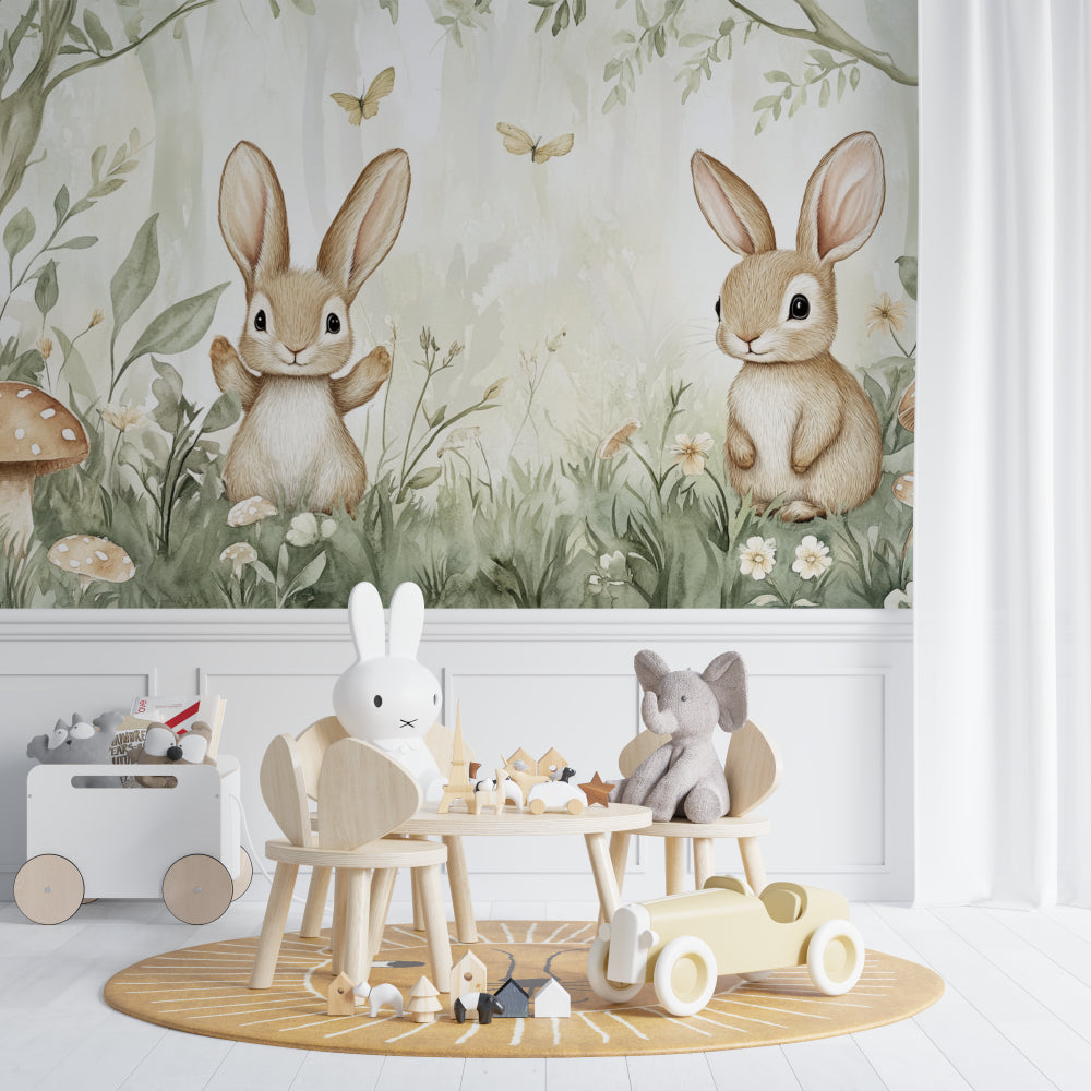 Woodland nursery mural showcased in a modern baby room with white furniture