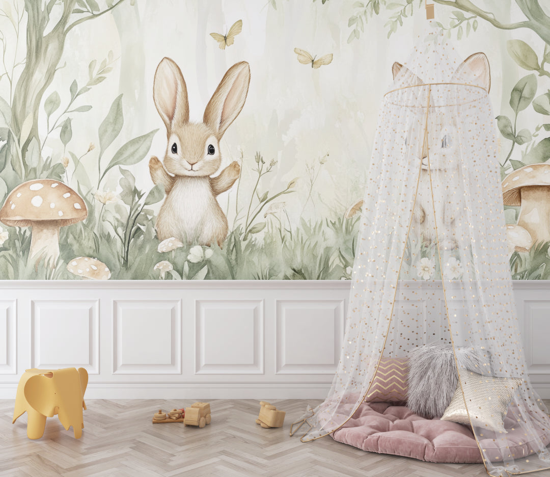 Forest bunny wallpaper brightening a peaceful nursery corner with rocking chair