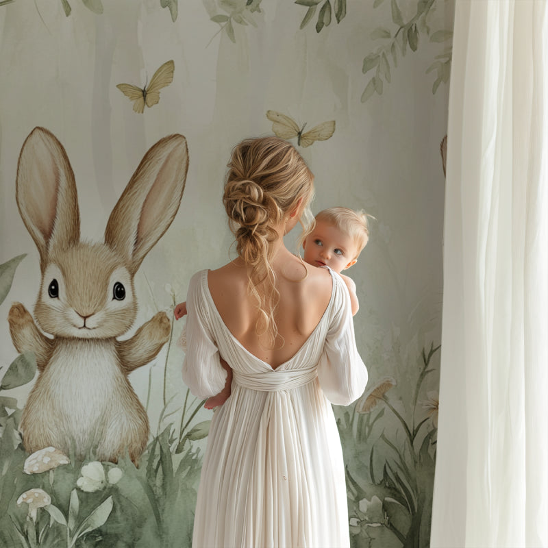 Bunny themed wall mural displayed in a playful children's bedroom setting