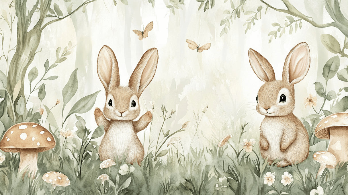 Bunny forest wallpaper design file showing full pattern with detailed flowers and butterflies