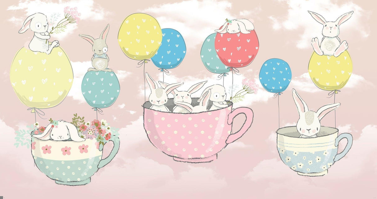 Bunny and teacup wallpaper design file showing full pattern with floating rabbits and balloons