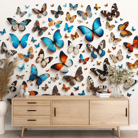 Blue and orange 3D butterfly wallpaper creating depth in a bright modern living room with natural light