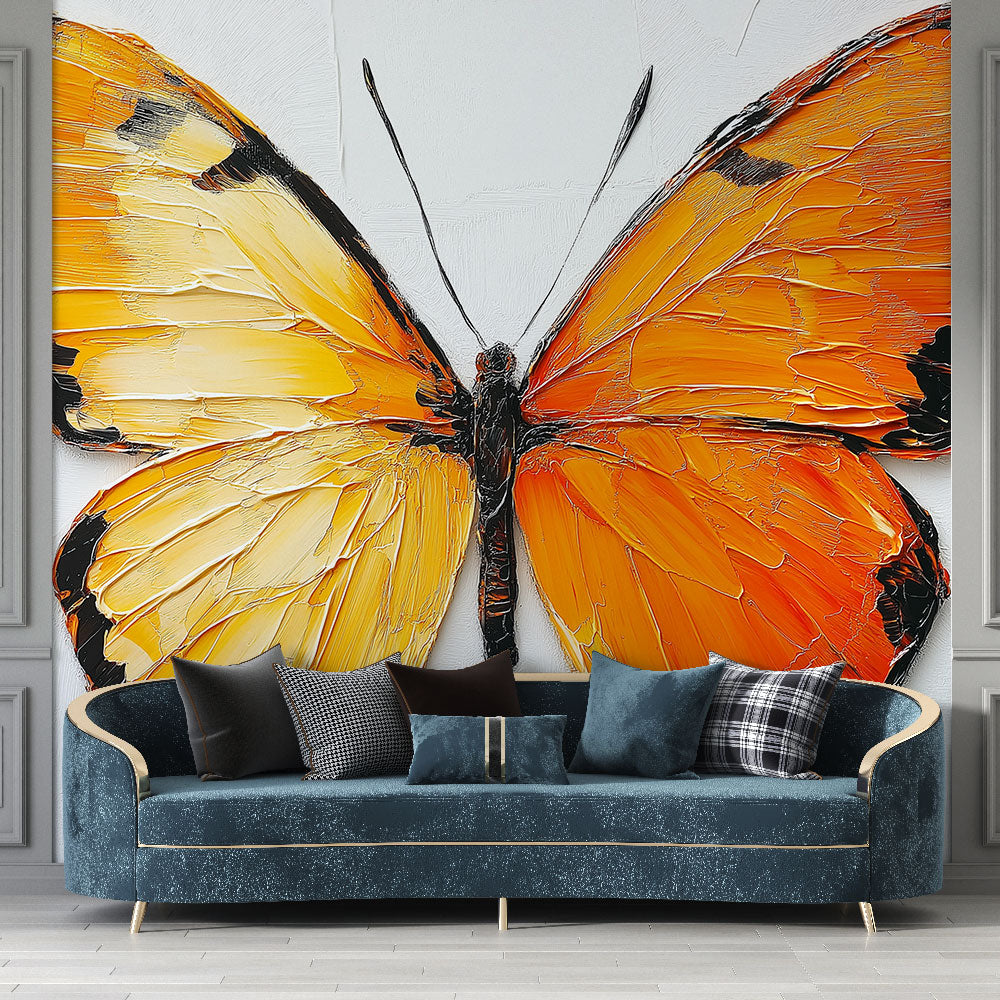 3D Butterfly Wall Mural creating dramatic impact in a modern living room with orange and black textured design