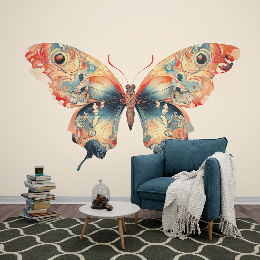 Modern Butterfly wall mural creating a stunning focal point in a bright living room with contemporary furniture