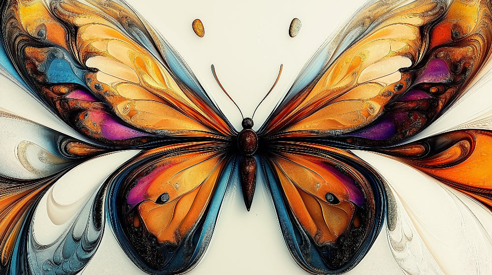 Butterfly wall mural in modern living room showing orange and blue abstract wings design against white wall