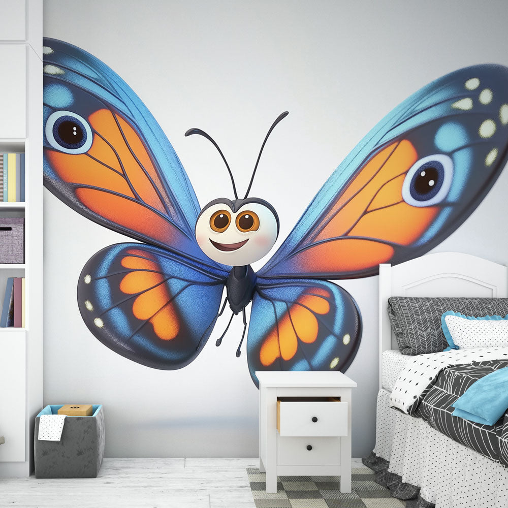Butterfly mural wallpaper in a bright kids bedroom, showing cheerful blue and orange design creating a happy atmosphere