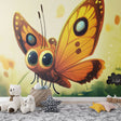 Butterfly Mural Wallpaper creating a magical atmosphere in a bright kids bedroom, orange animated design with glowing effects