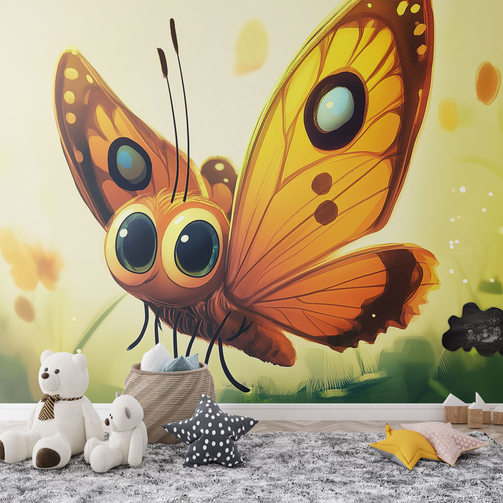 Butterfly Mural Wallpaper creating a magical atmosphere in a bright kids bedroom, orange animated design with glowing effects