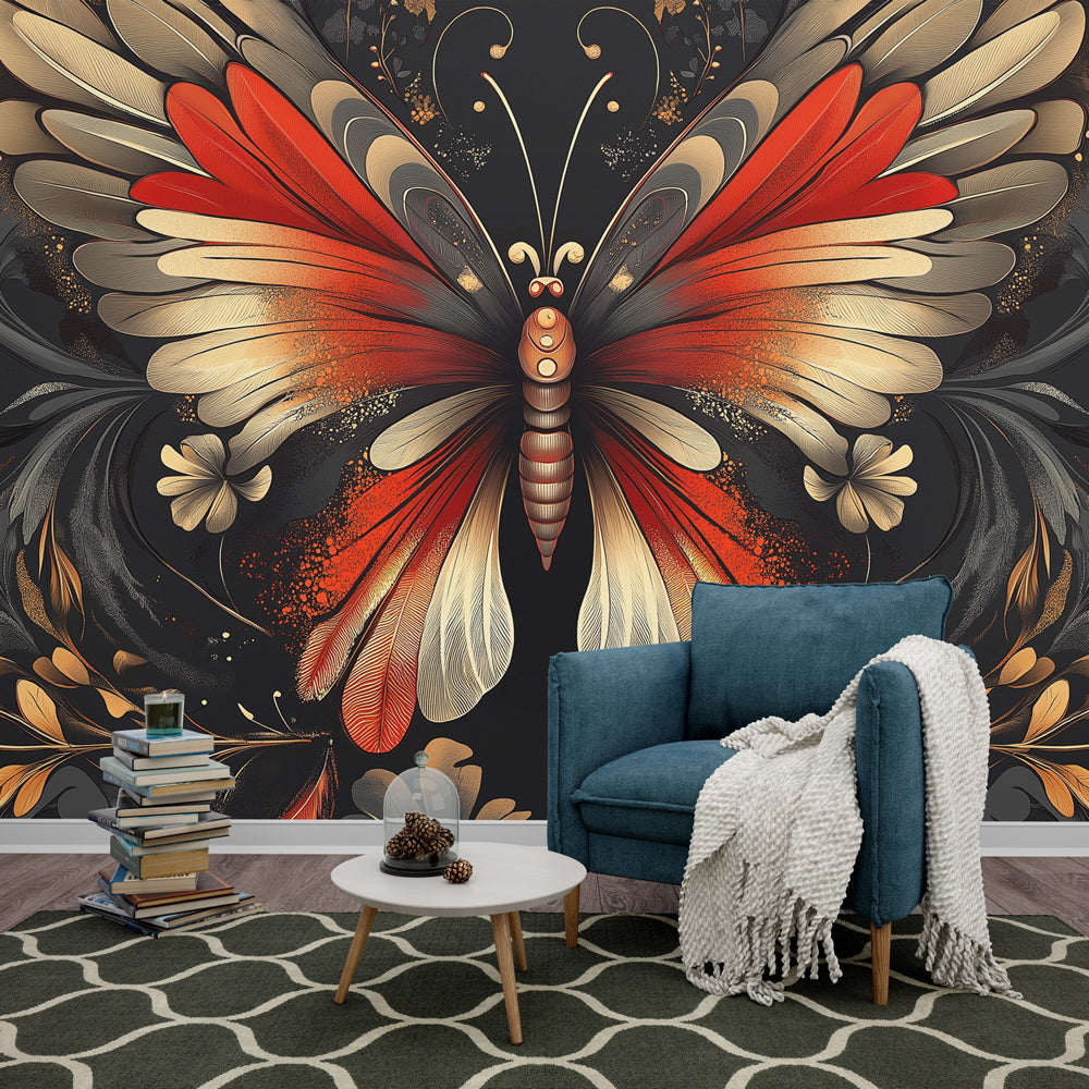 Butterfly Mural Wallpaper with red and gold art deco design creating drama in a modern dining room setting