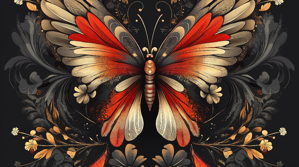 Art Deco Butterfly Wallpaper design file showing intricate red and gold pattern on black background