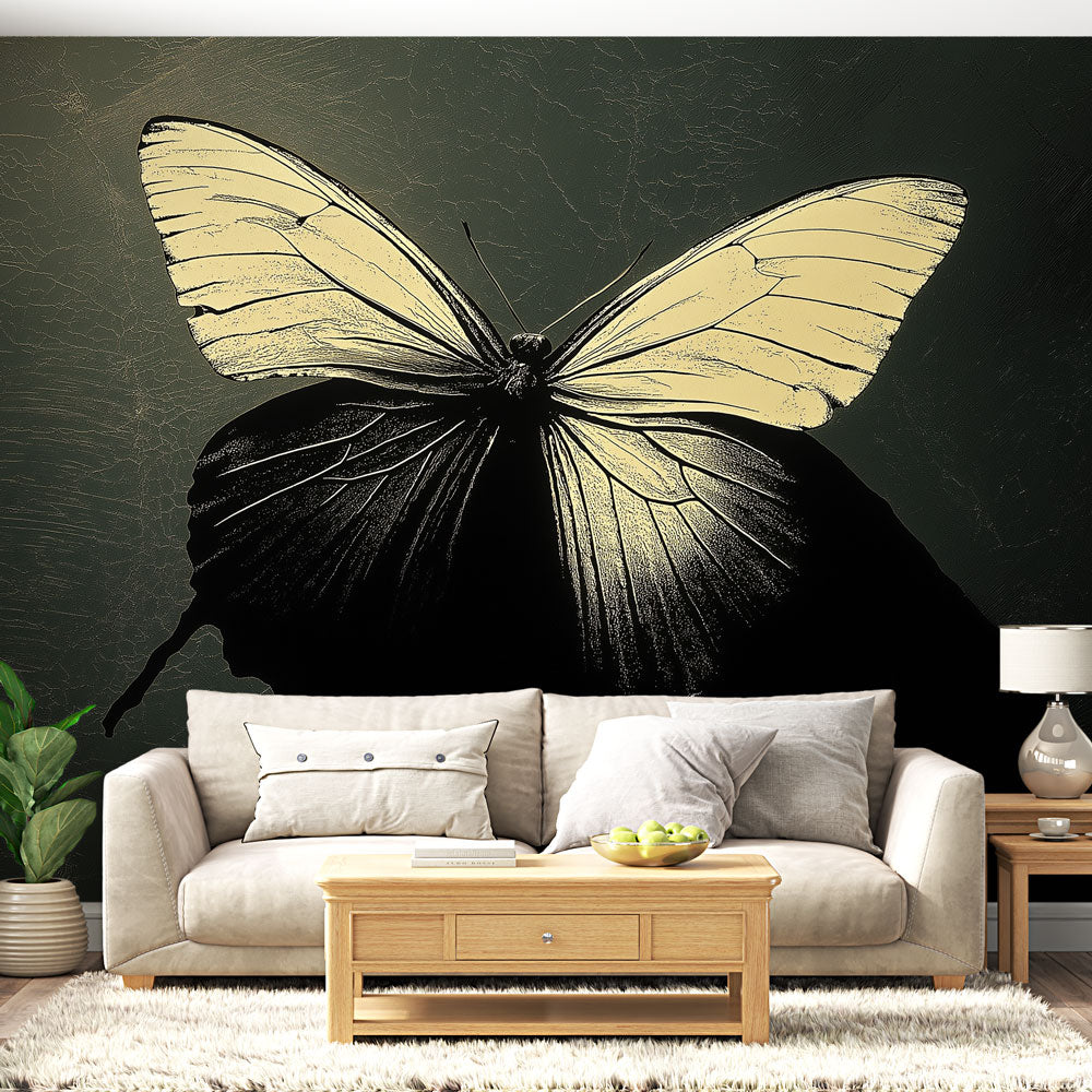 Black and gold butterfly wall mural creating drama in a modern living room with pendant lighting