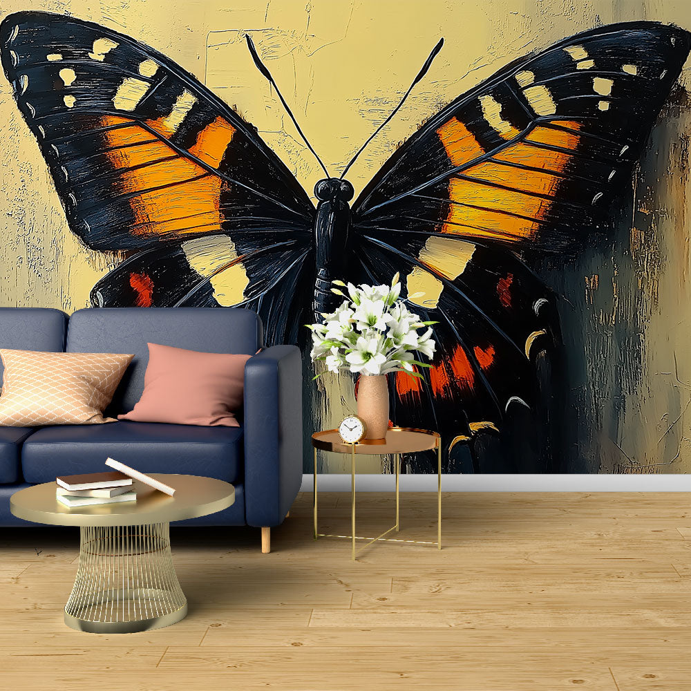 Beautiful Butterfly Wall Mural creating a stunning focal point in modern living room with minimal furniture