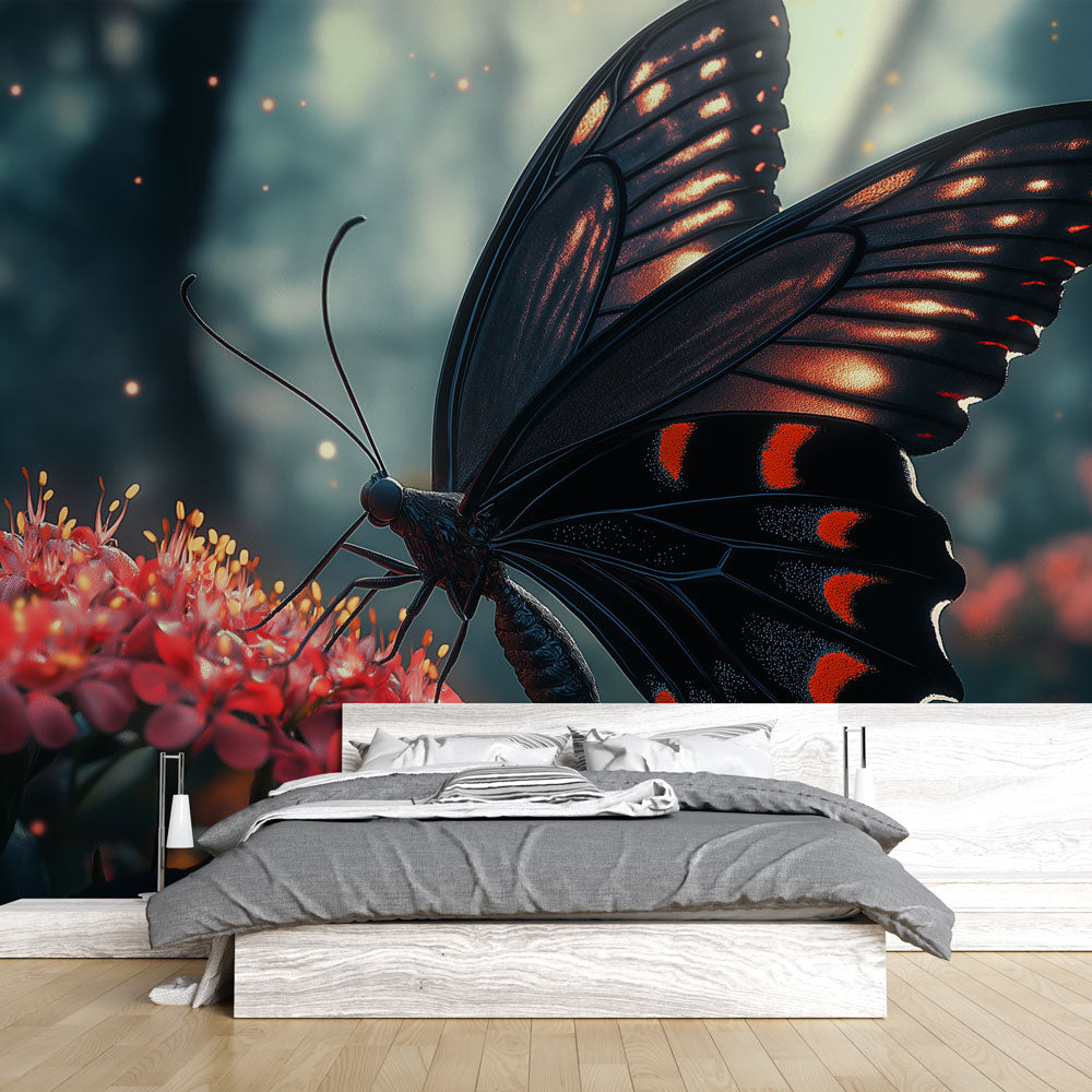 Black and red Butterfly Wall Mural creating a stunning focal point in a modern living room with minimal furniture