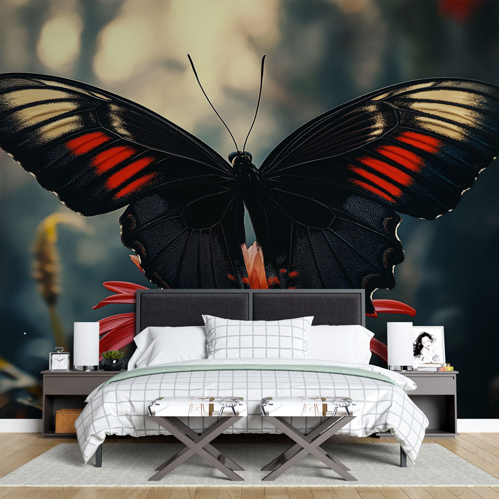 Black and red Butterfly Wallpaper Mural creating a stunning focal point in a modern living room with minimal furniture