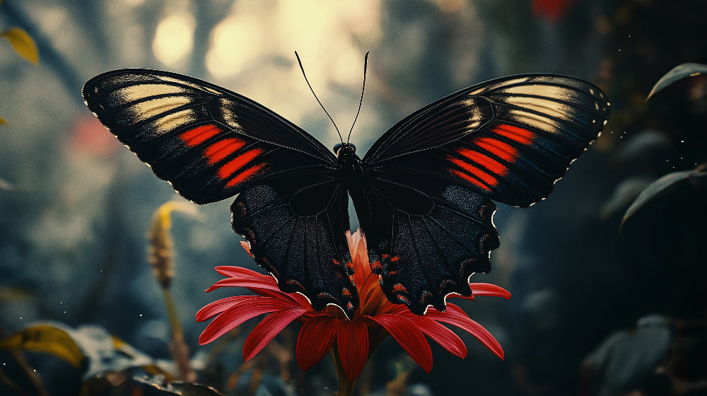 Butterfly Wallpaper design file showing detailed black and red wing patterns on crimson flower background