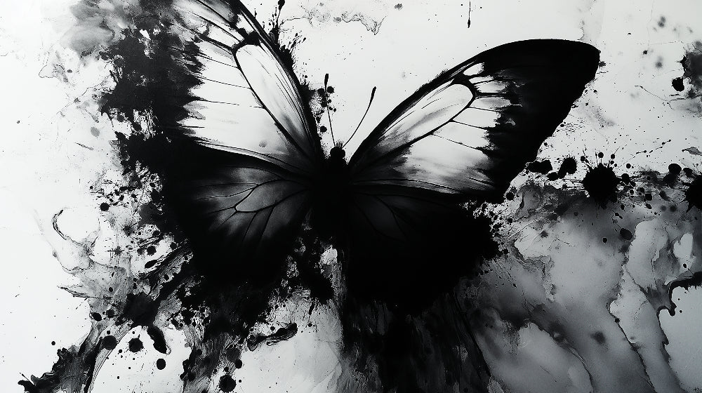 Black and white butterfly wallpaper creating dramatic impact in a modern living room with minimalist furniture