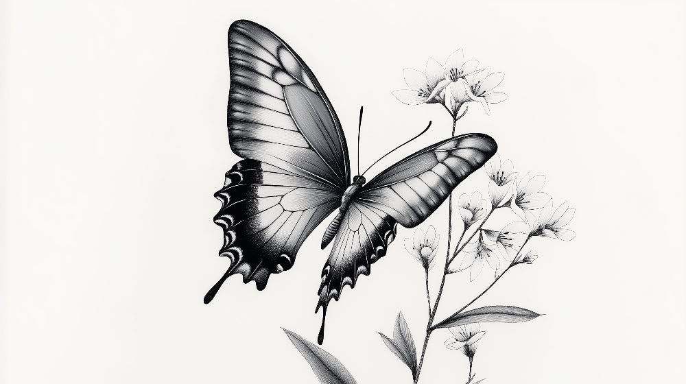 Black and white butterfly wallpaper design file showing detailed floral pattern and intricate wing illustrations