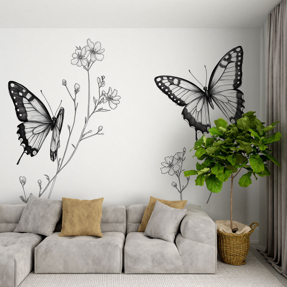 Black and white butterfly wallpaper creating an elegant statement wall in a bright modern living room
