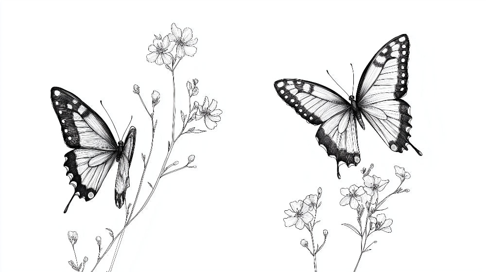 Butterfly wall mural design file showing detailed black and white sketch pattern with florals