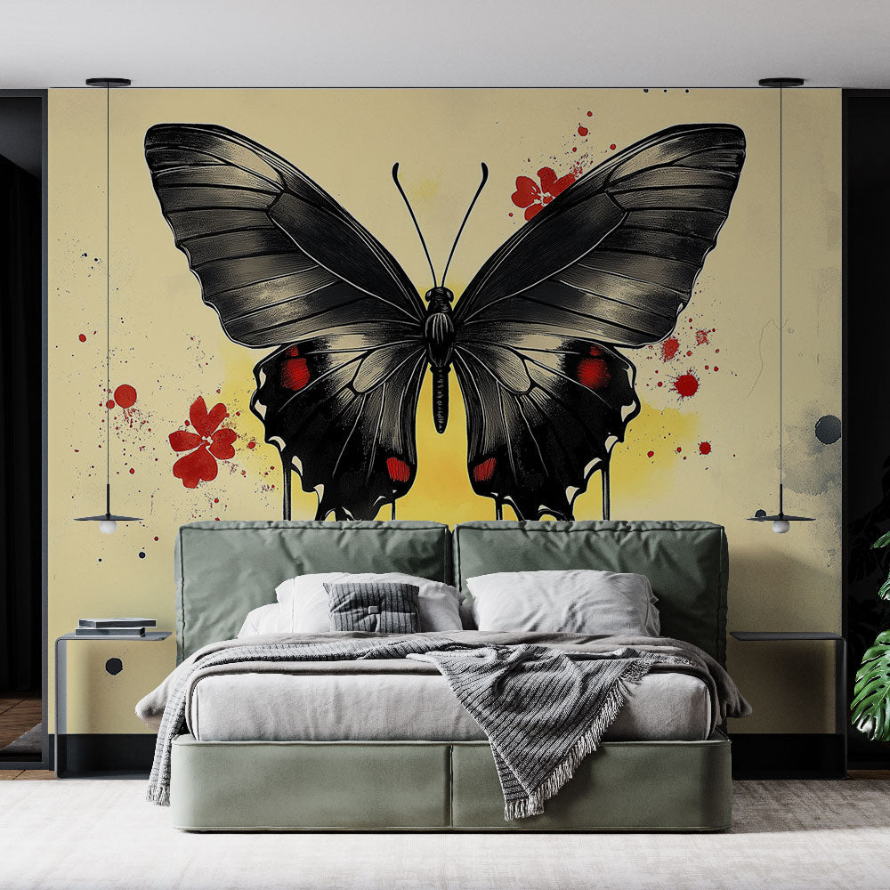 Black Butterfly Wall Mural with red splashes creating drama in a modern living room with grey sofa and minimal decor