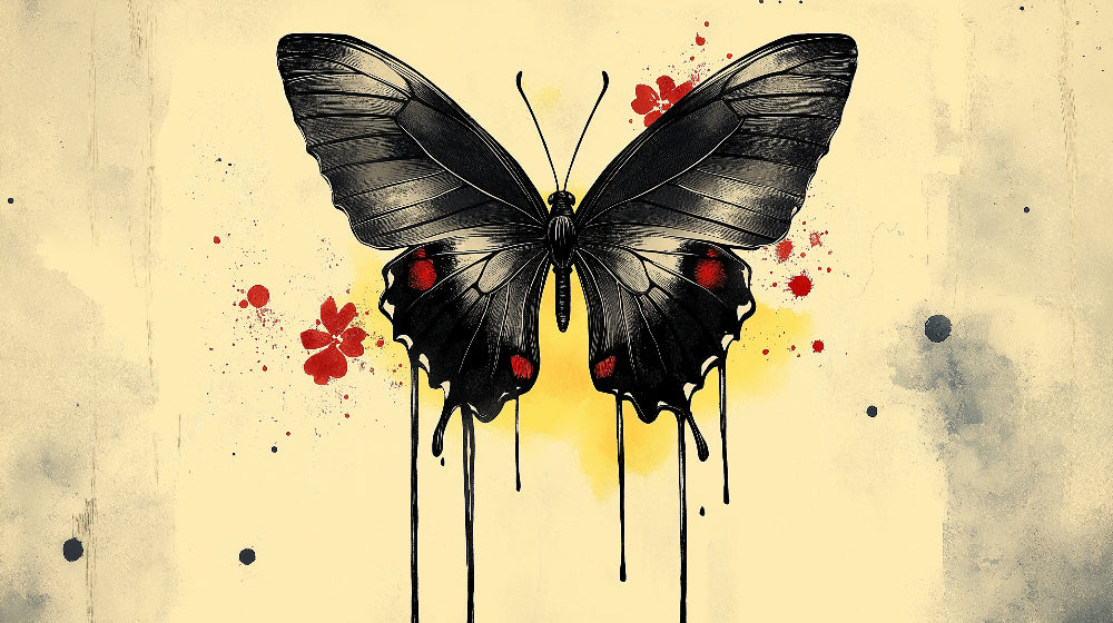 Black Butterfly Wallpaper design file showing intricate wing patterns and artistic red splash effects