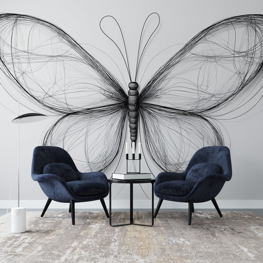 Black line butterfly wall mural creating dramatic impact in modern living room with minimal furniture