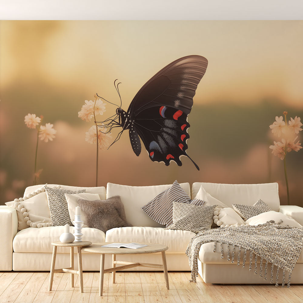 Black Swallowtail butterfly wallpaper creating a stunning accent wall in a bright modern living room