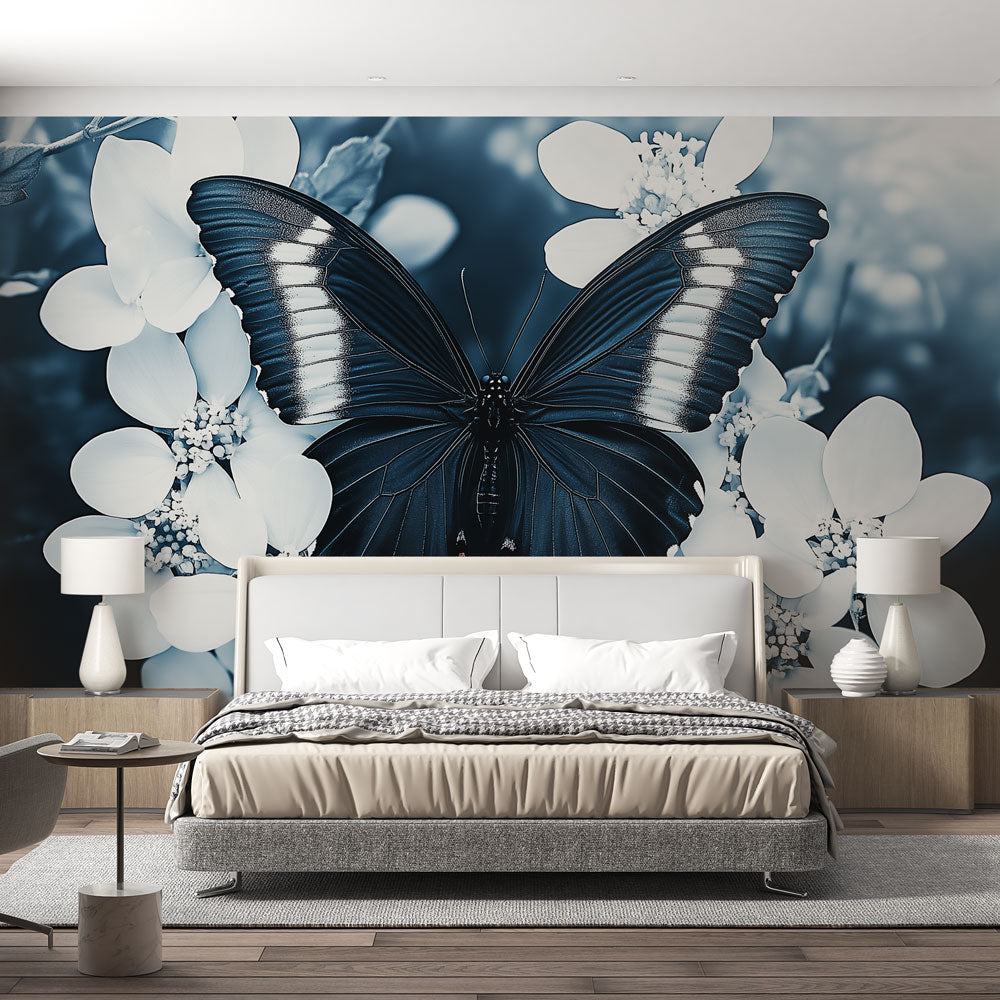Blue and white butterfly wallpaper creating a peaceful atmosphere in a modern living room with natural light