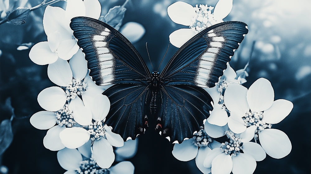 Butterfly wallpaper design file showing detailed blue wings and white flowers pattern