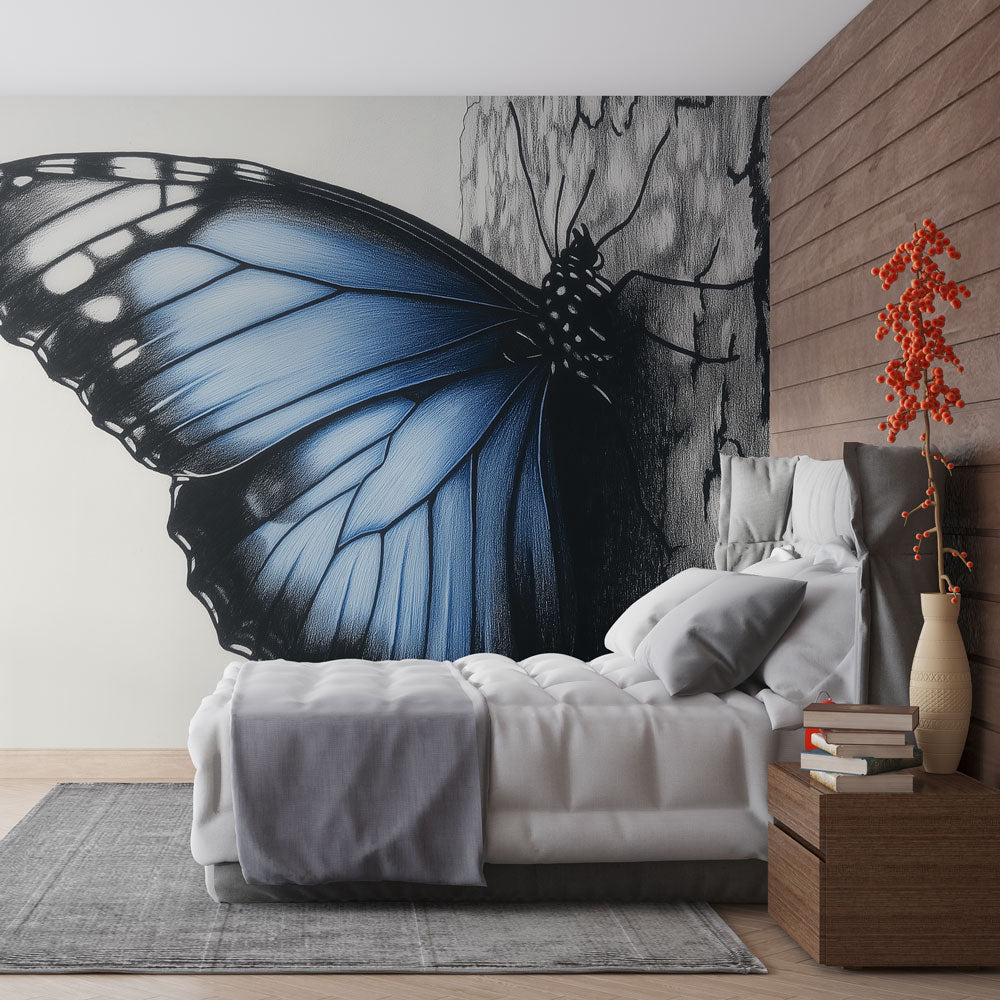 Blue Butterfly wallpaper mural showcased in a bright modern living room with minimal furniture
