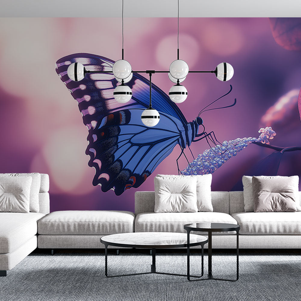 Blue Butterfly wall mural bringing charm to a bright modern bedroom with natural light streaming through windows