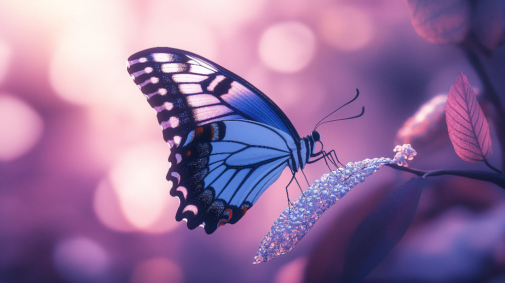 Butterfly wall mural design file showing detailed blue wings on purple background