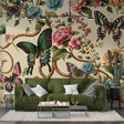 Butterfly garden wallpaper mural creating a peaceful atmosphere in a modern living room with natural light