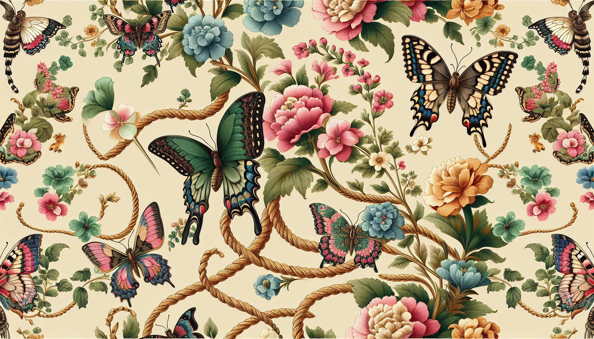 Botanical butterfly wallpaper design file showing detailed pattern with rope elements and garden flowers
