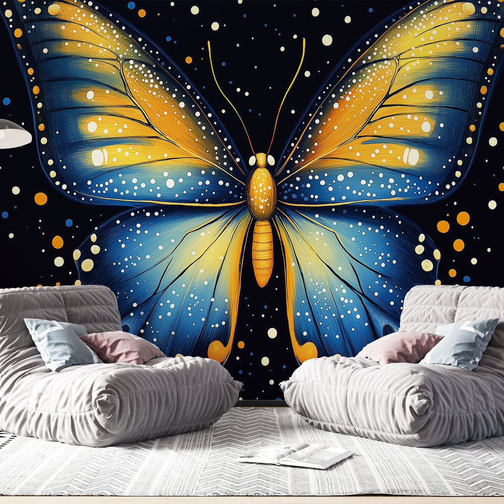 Blue and gold Butterfly Mural Wallpaper creating a magical atmosphere in a cozy bedroom with soft lighting
