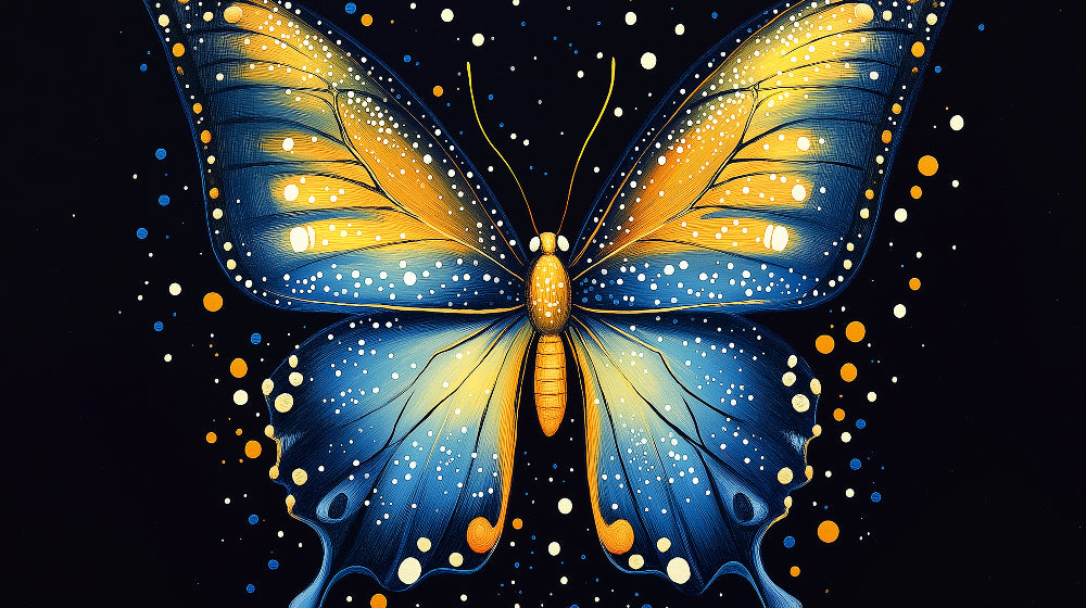 Celestial butterfly design file showing intricate gold wing patterns on deep blue background