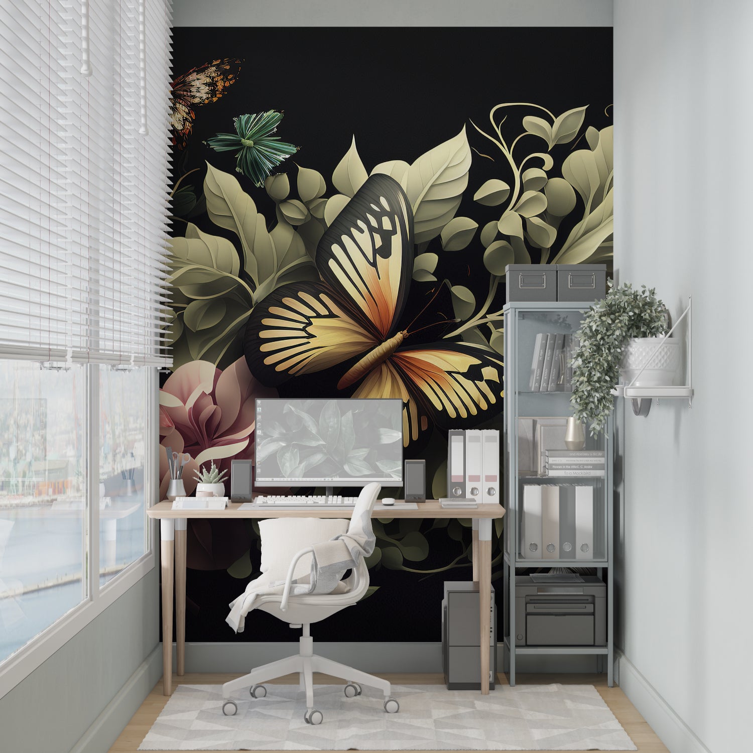 Butterfly wall mural creating a cozy atmosphere in a modern living room with dark furniture